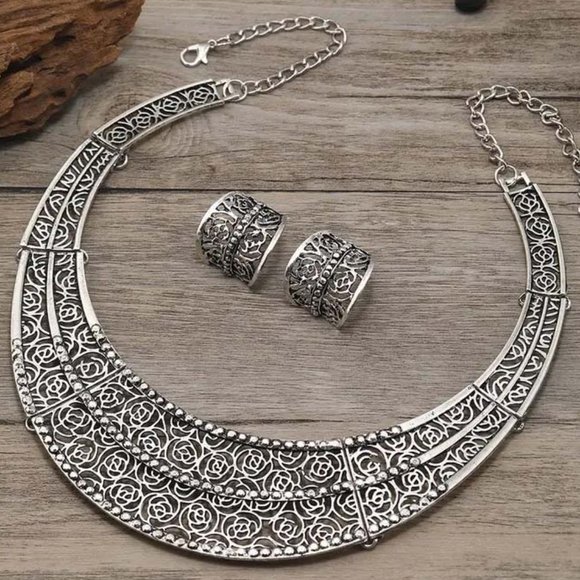 SILVERY PERSIA FILIGREE PANELS COLLAR NECKLACE & EARRINGS 49 - Picture 3 of 5